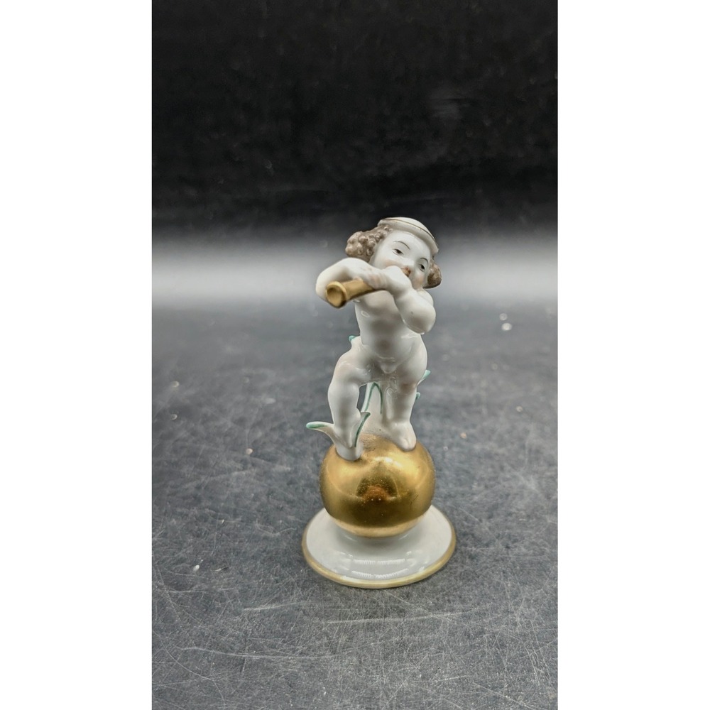 Hutschenreuther Selb Germany US Zone Porcelain Cherub Putti Flute Gold Orb 4in